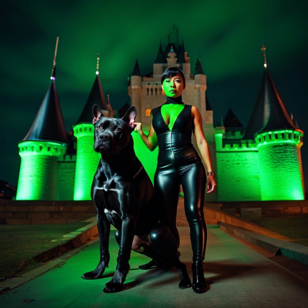 Asian Latex Girl with her Pitbull