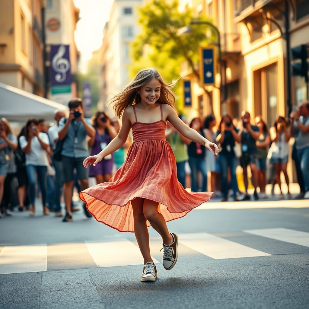 Carefree Teenage Girl Dancing in the Street