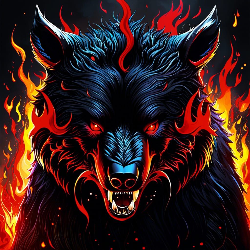 Demonic Black Bear with Fire Fur in Anime Style