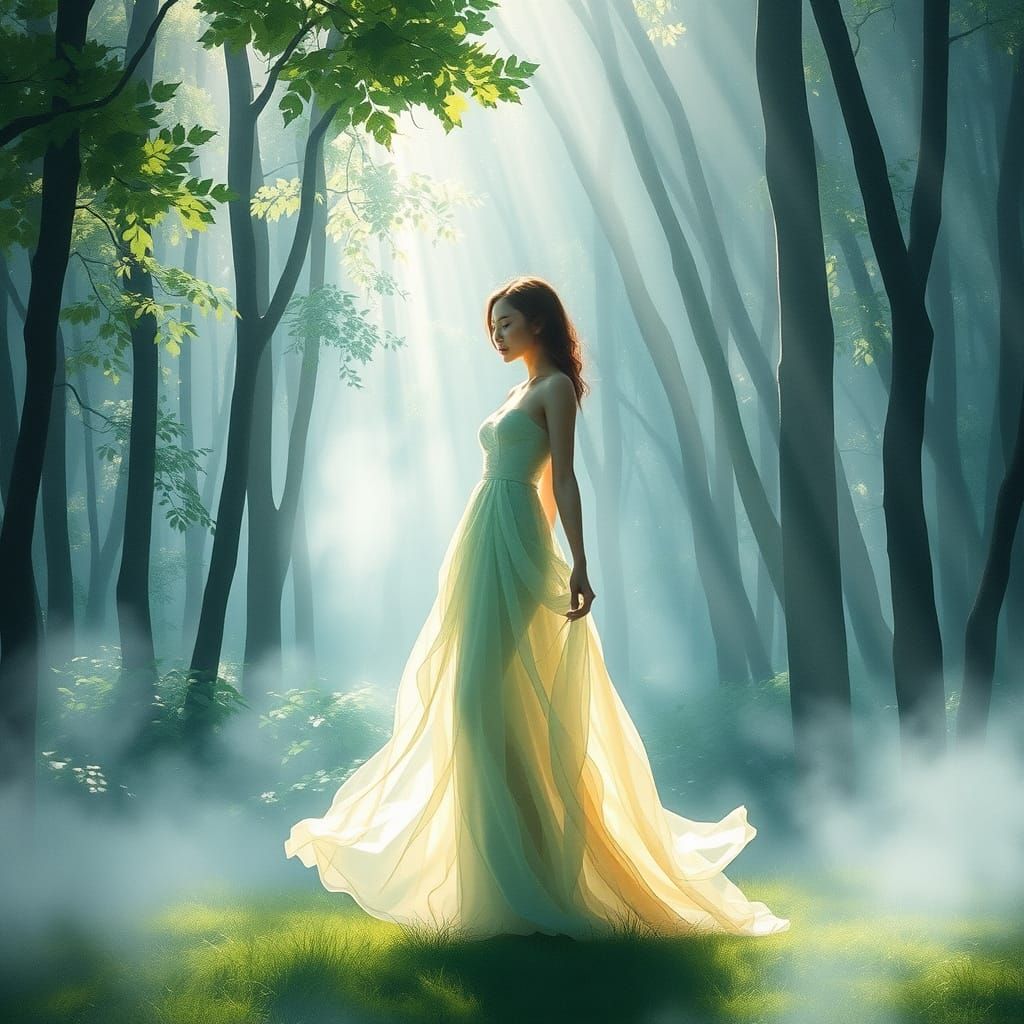 Ethereal Woman in Watercolor Dress, Digital Art