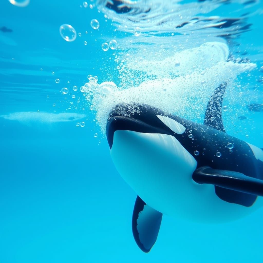 Orca Underwater with Bubbles in Clear Blue Water