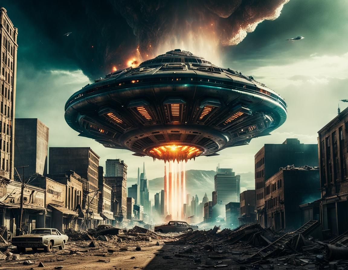 Dramatic Alien Invasion with Mothership in Cinematic Style
