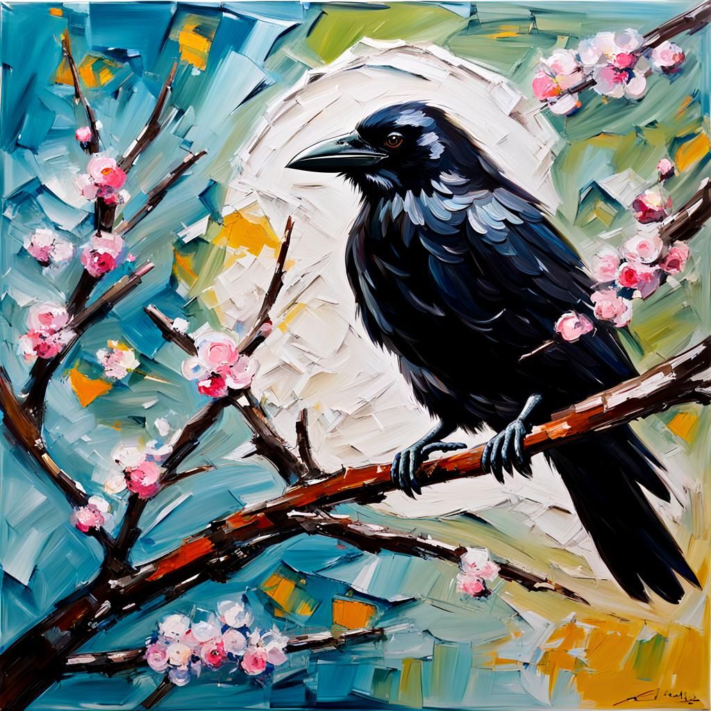 Crow in Spring Blossom: Abstract Expressionist Impasto