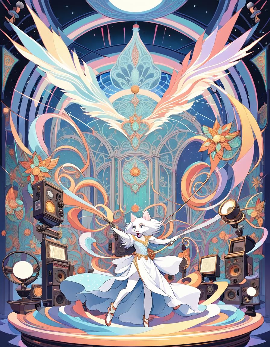 Cute Cat Singing in Ornate Alphonse Mucha Style