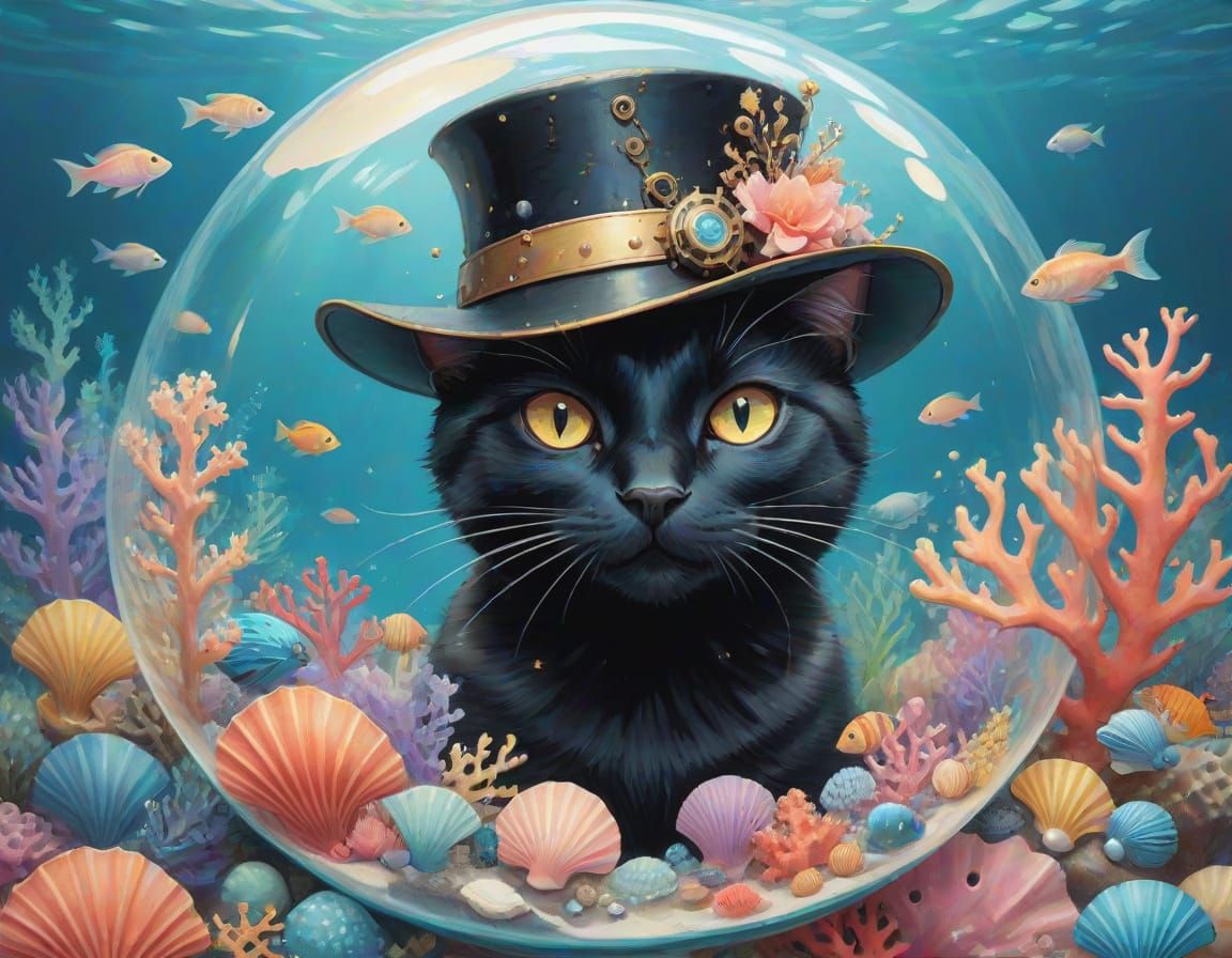 Steampunk Cat Reading in Underwater Bubble