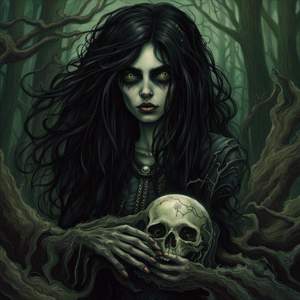 Forest Witch with Skull in Horror Art Style