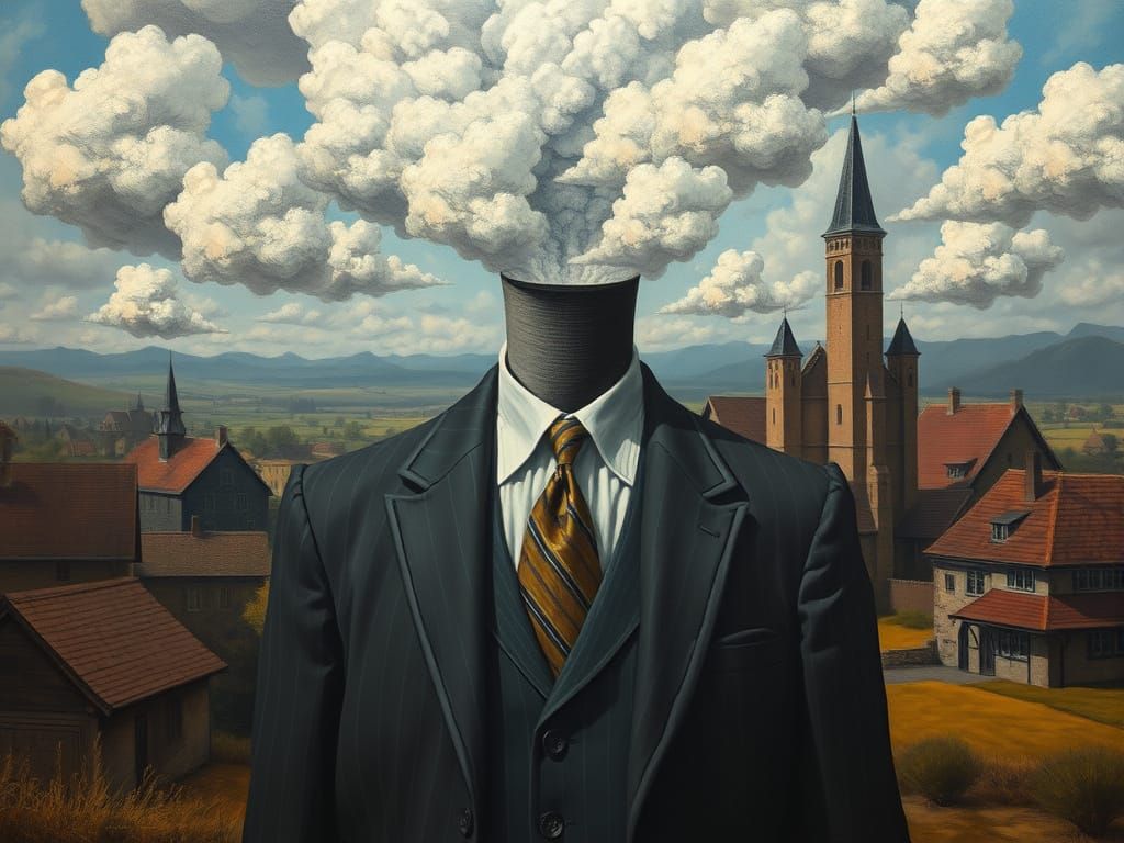 Epic Surrealist Figure in a Dreamlike Village Scene