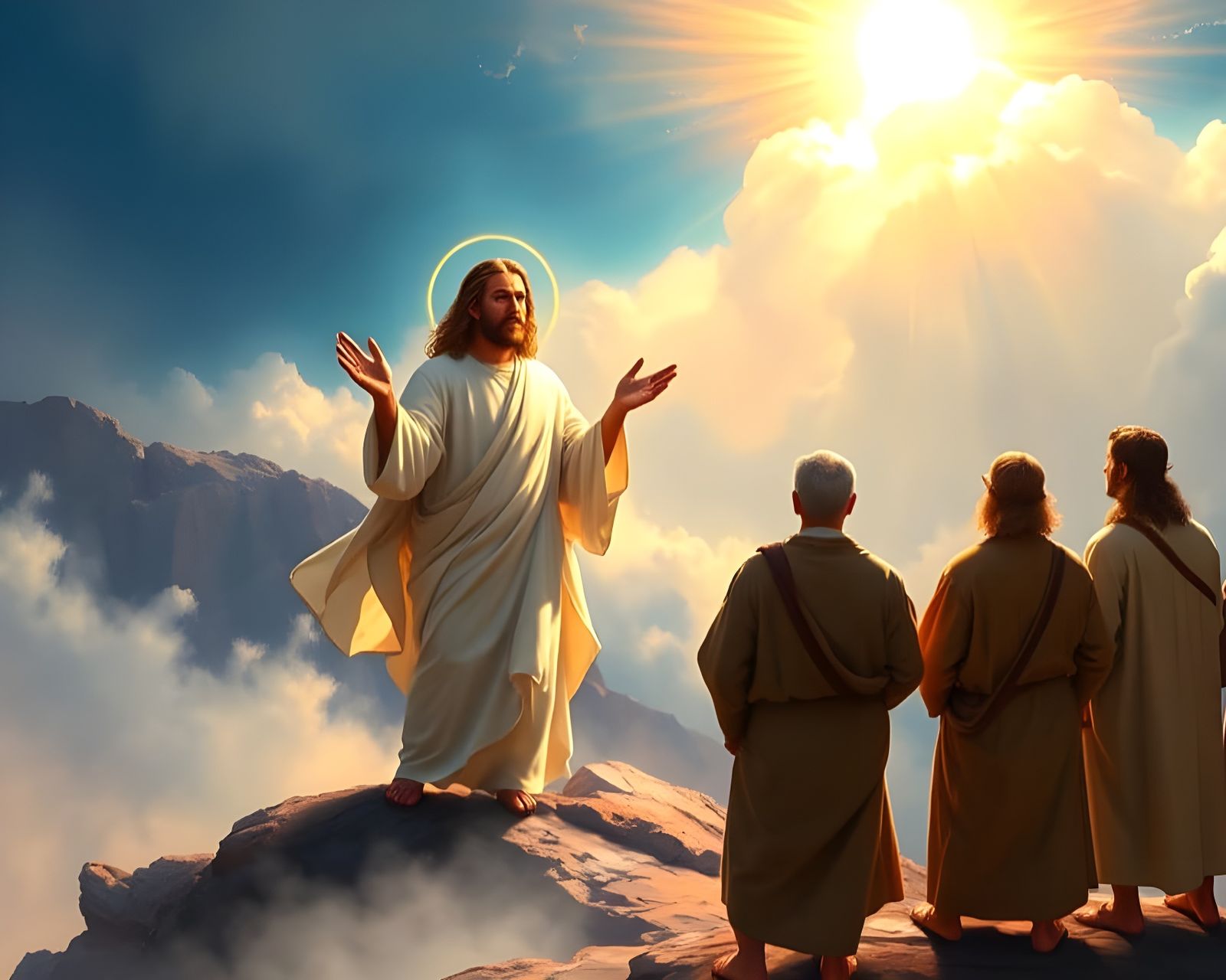 Radiant Jesus Transfiguration Scene on Mountain Peak