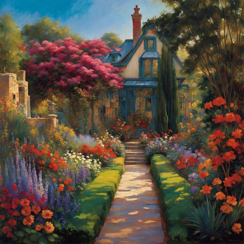 Vibrant Garden Scene in Waterhouse Style