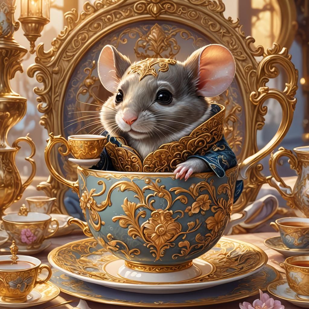Mouse Sipping Tea in Teacup: Whimsical Fantasy Art