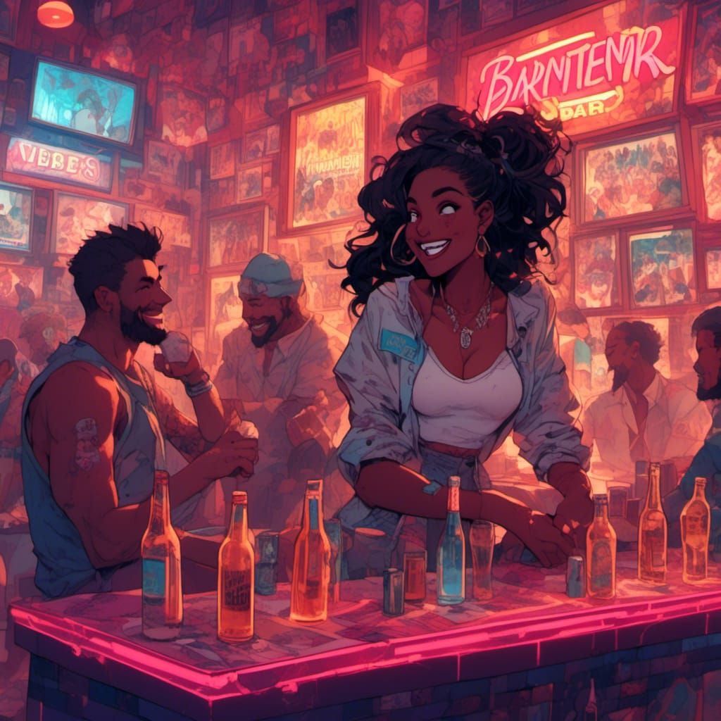 Cartoon Vintage Dive Bar Scene with Happy Guests