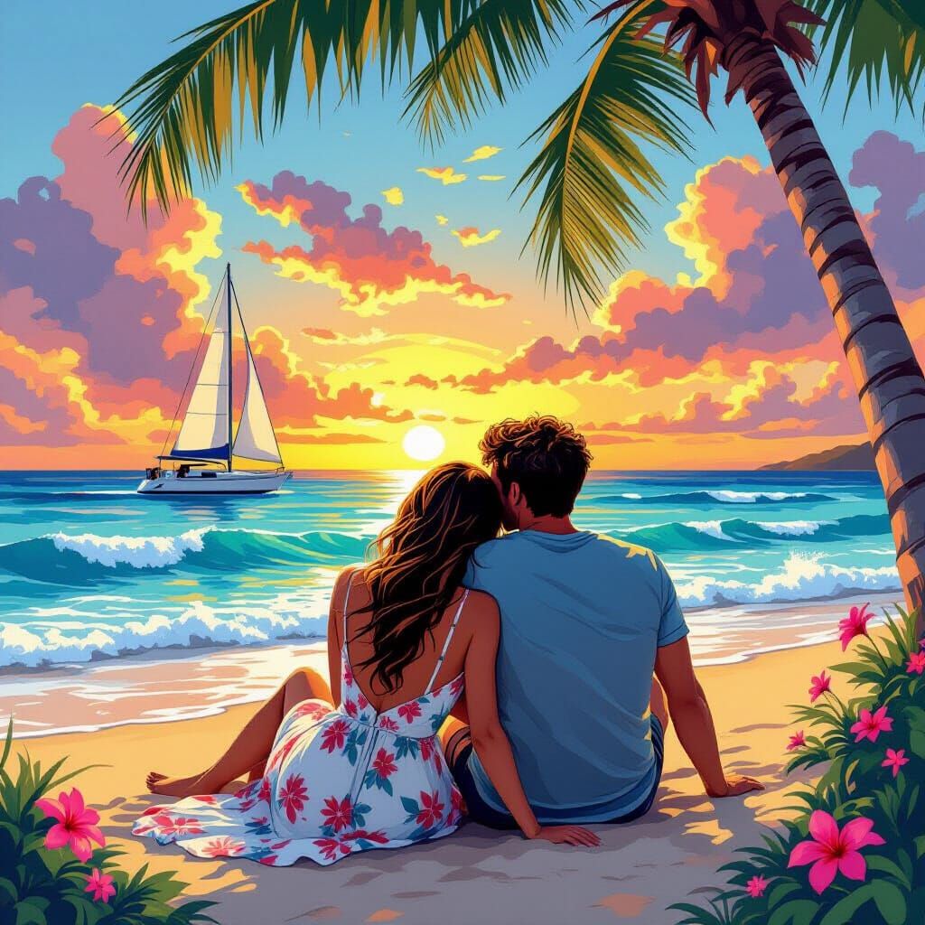 Romantic Beach Sunset in Comic Book Style