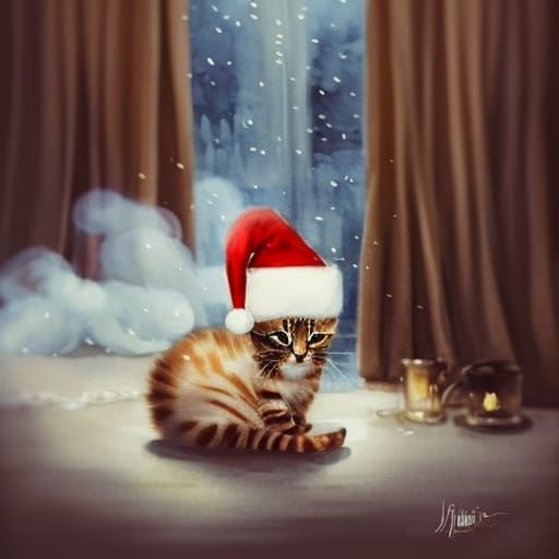 Cute Kitten in Cozy Cottage Christmas Scene