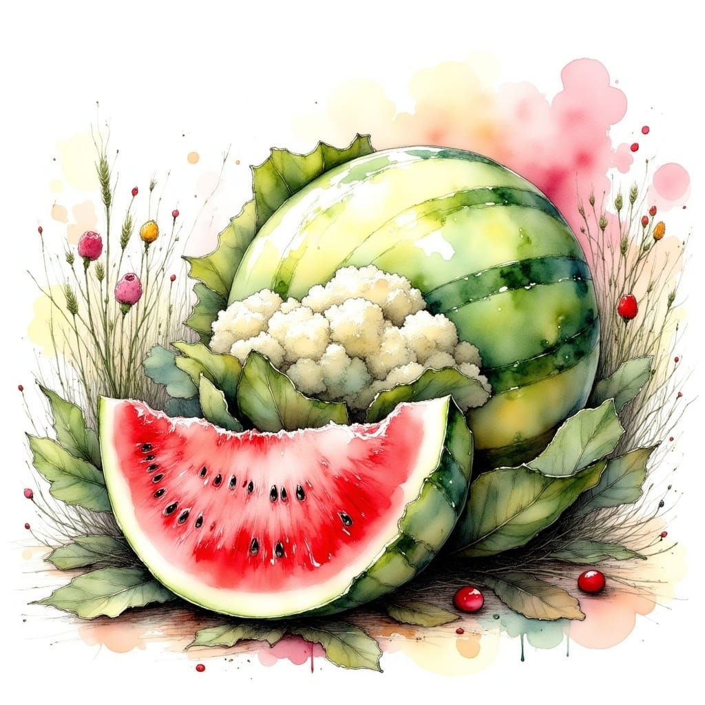 Funny Watercolour Comic of Watermelon-Cauliflower Hybrid