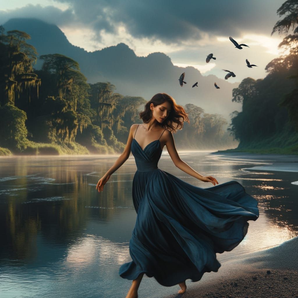 Young Woman Dancing by Riverside at Sunset