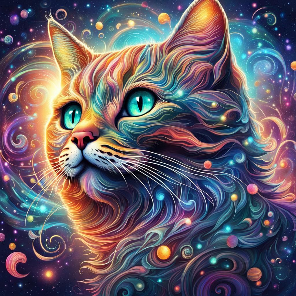 Cute Cat with Sparkling Swirls in Cosmic Illustration