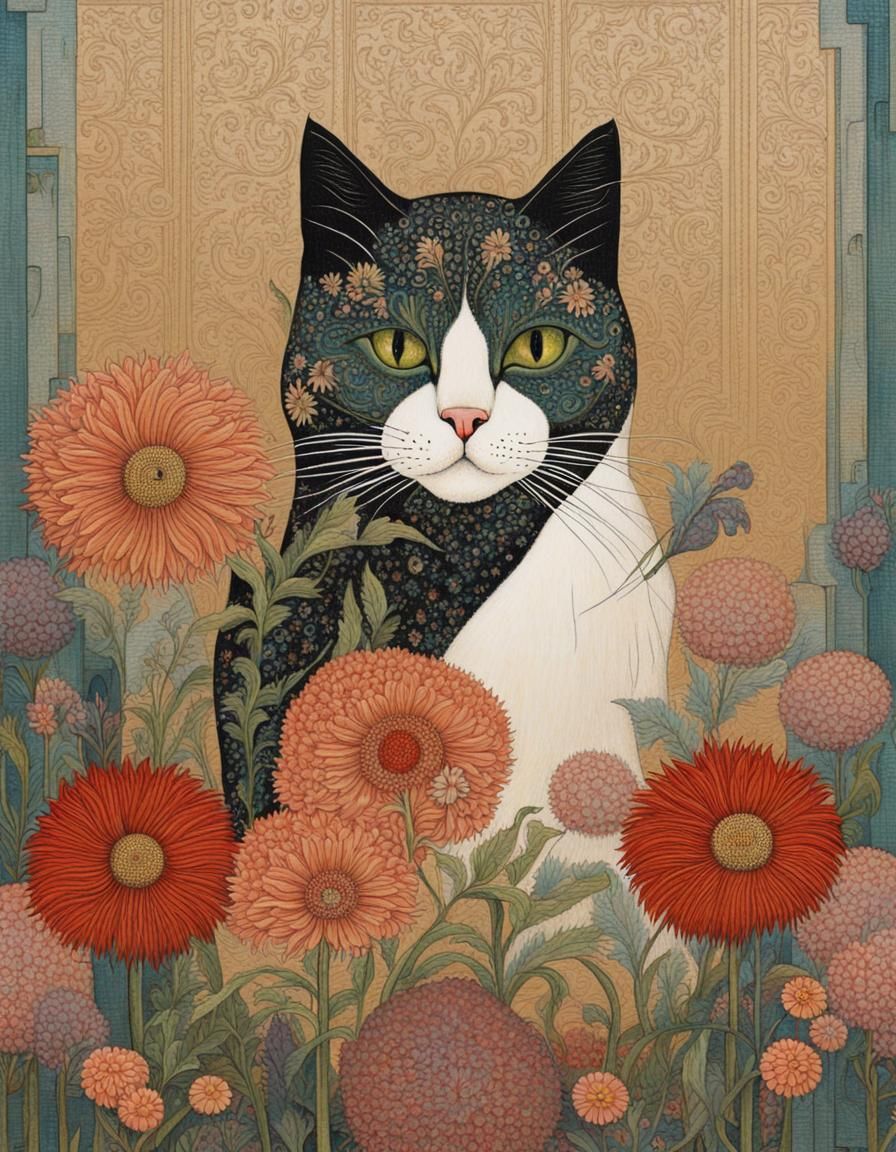 Art Deco Cat Among Flowers