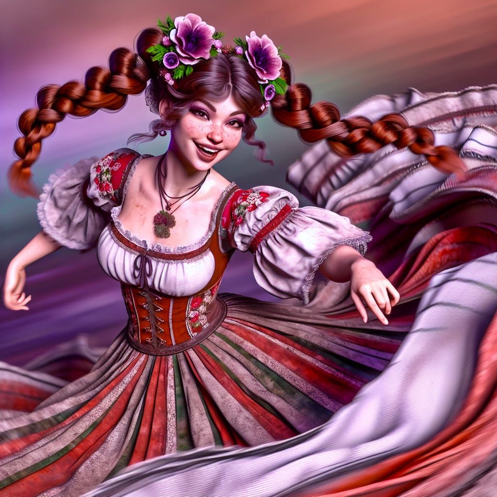 Cheerful Woman in Folk Dress Dancing with Flowers