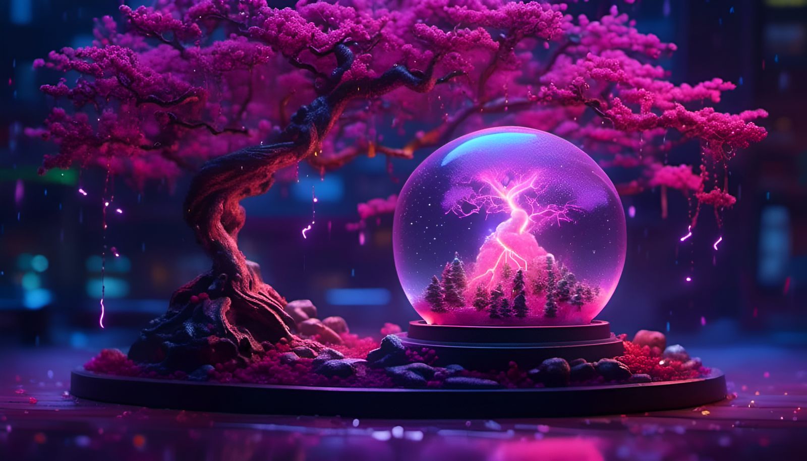 A Snow Globe With A Bonsai Tree And With A Purple And Neon Pink Lightning Storm In The Background (Continued)