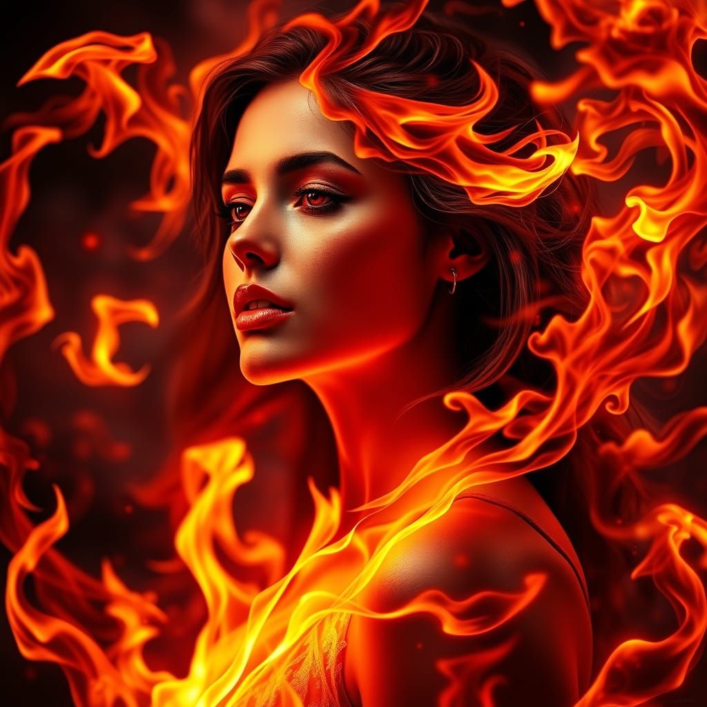 Mysterious Woman Enveloped by Vibrant Flames