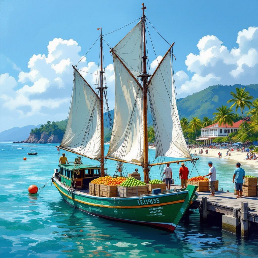 Tropical Island Cove Scene with Sailboat