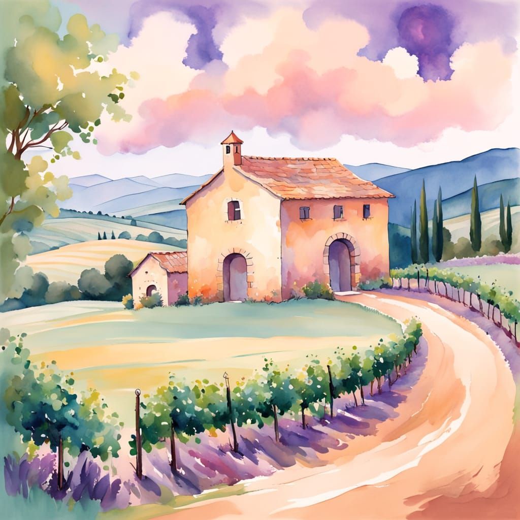 Whimsical Watercolor Vineyard Scene in Southern France