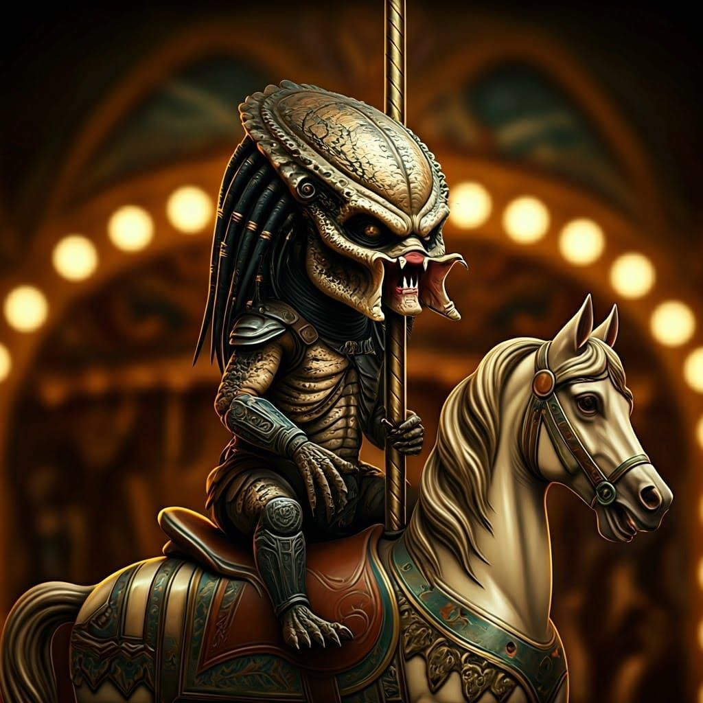 Baby Predator on Carousel Horse in Biomechanical Style