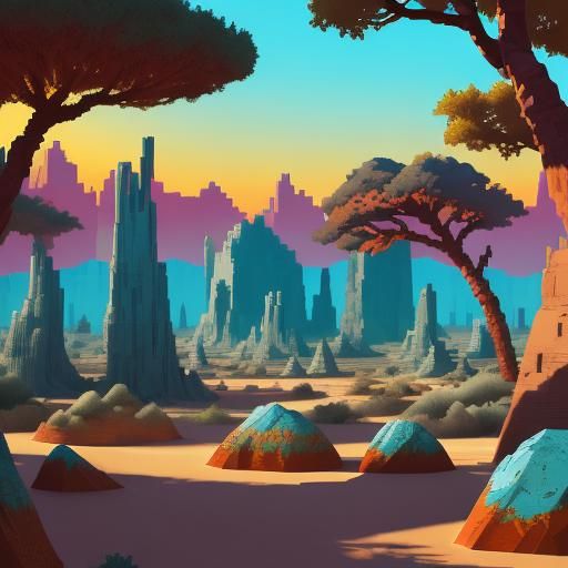 Mesmeric Low-Poly Petrified Forest in Pixel Art Style