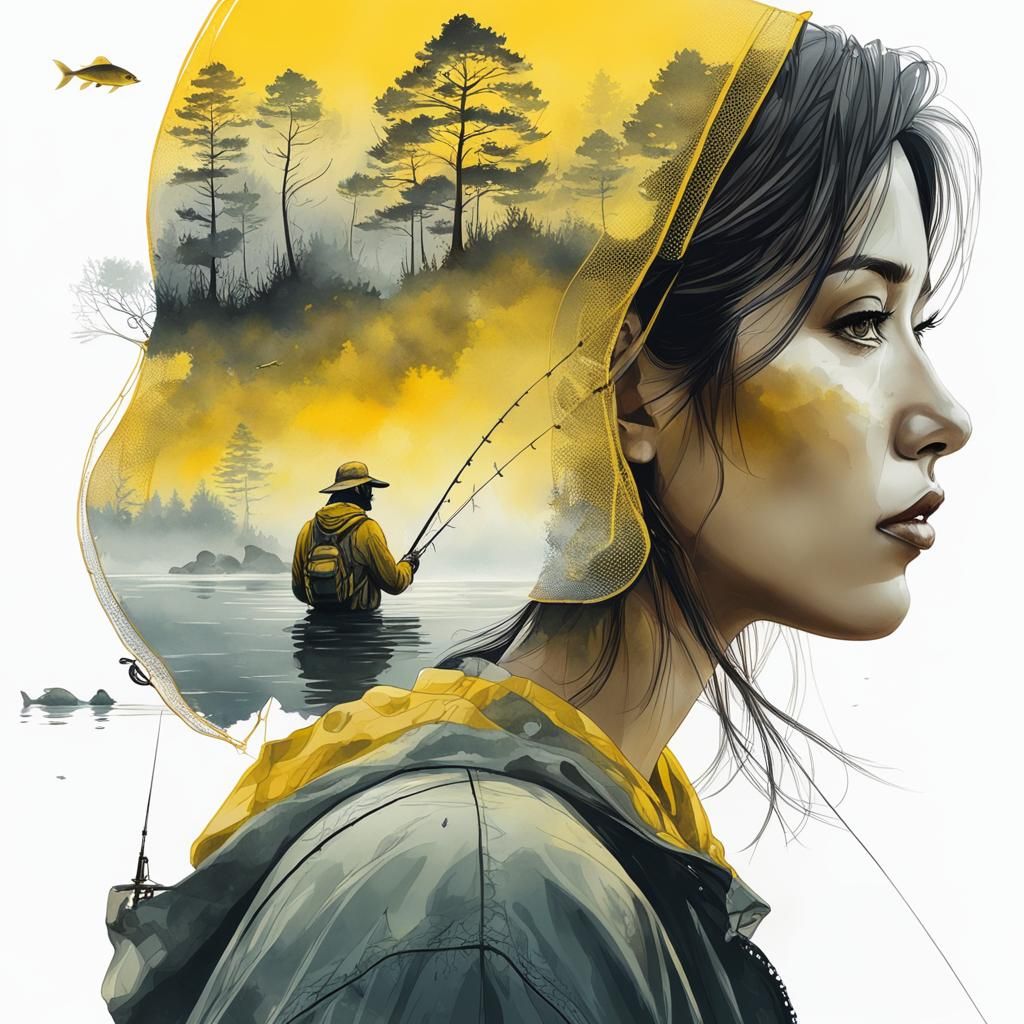 Double Exposure Girl and Fisherman Watercolor