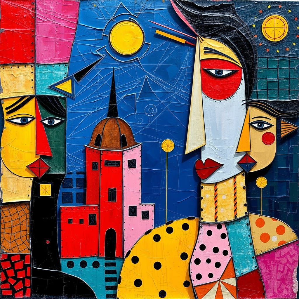 Abstract Collage of Faces, Buildings, and Shapes