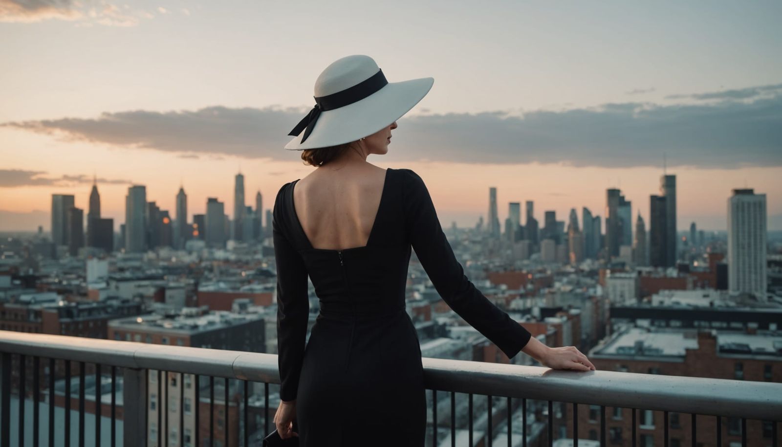 Elegant Woman Contemplates City Skyline at Sunset