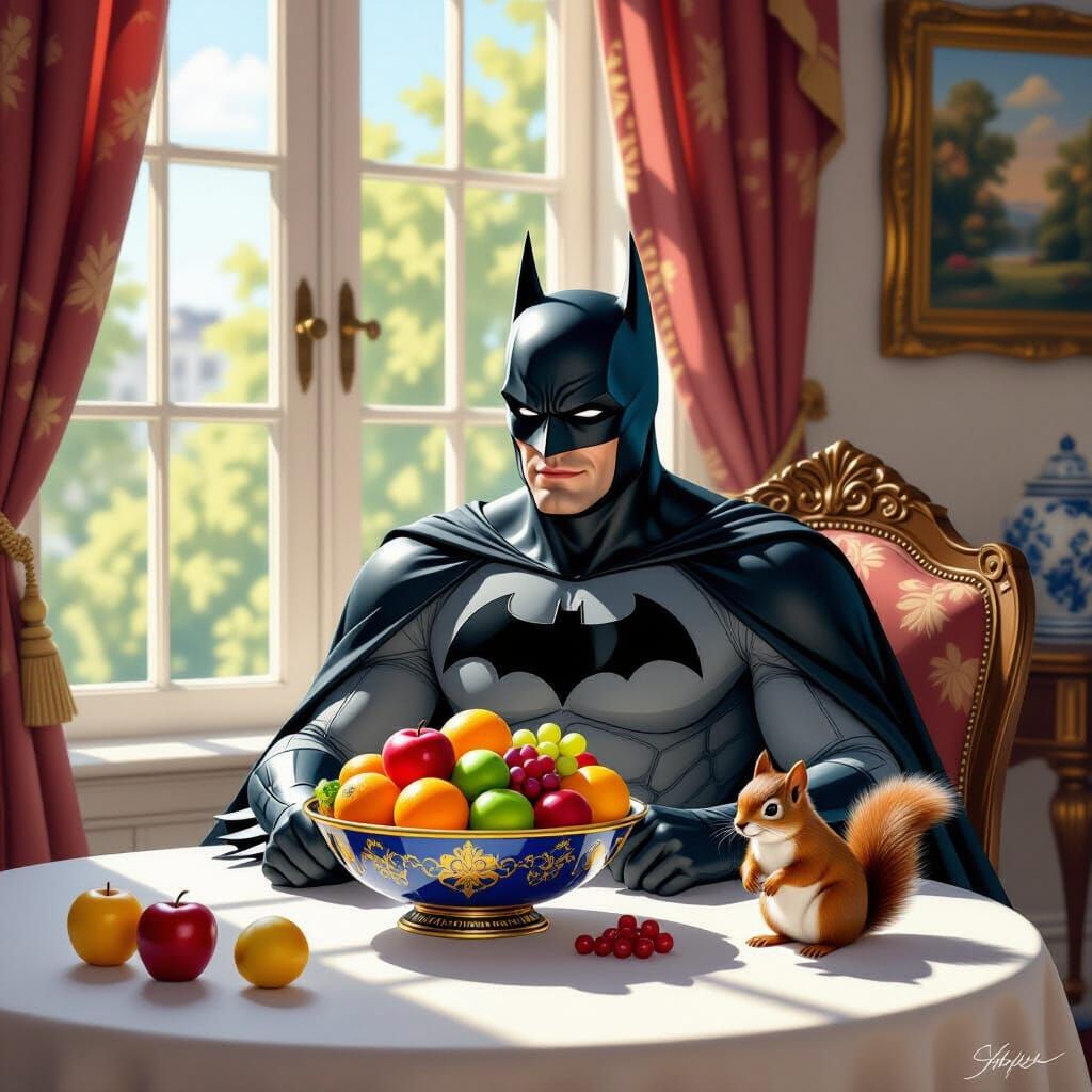 Batman Enjoying Fruit with a Squirrel in Classical Style