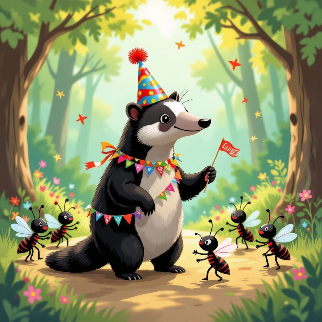 Anteater and Ants Celebrate Birthday in Whimsical Forest