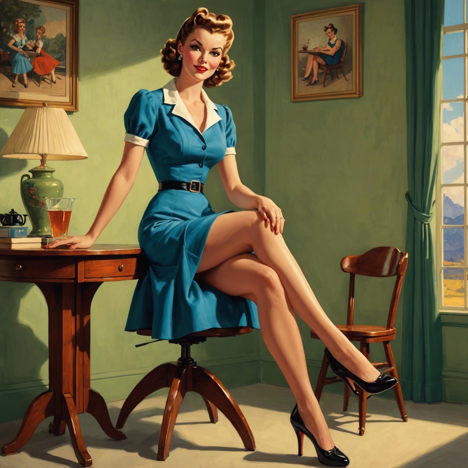 Cartoon Woman in Short Dress, Vintage Pin-Up Style