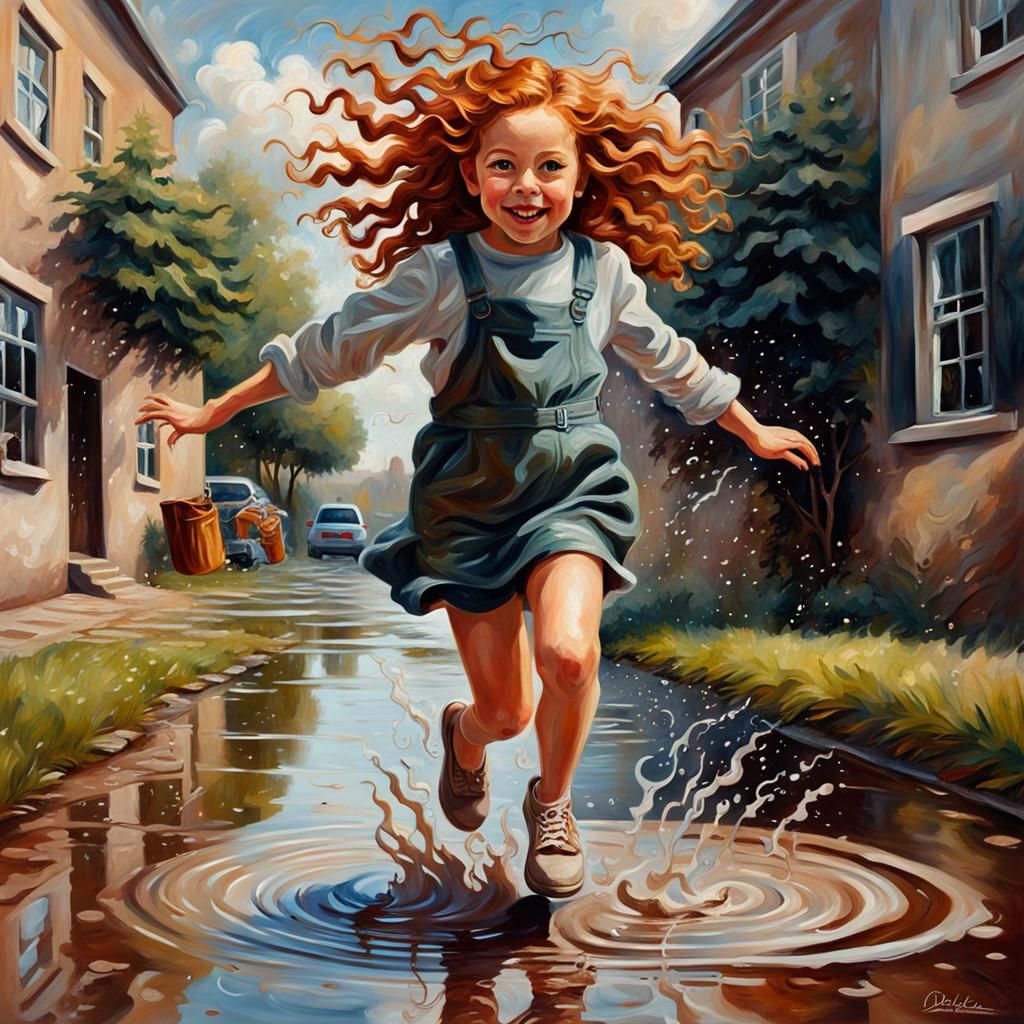 Girl Jumping in Puddles: An Impressionistic Oil Painting