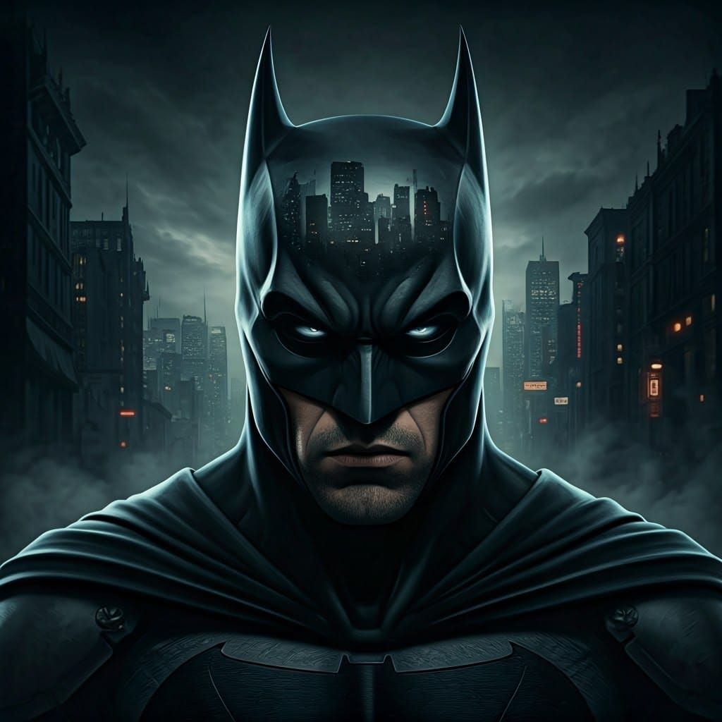 Batman Double Exposure: Gotham Cityscape in Film Noir