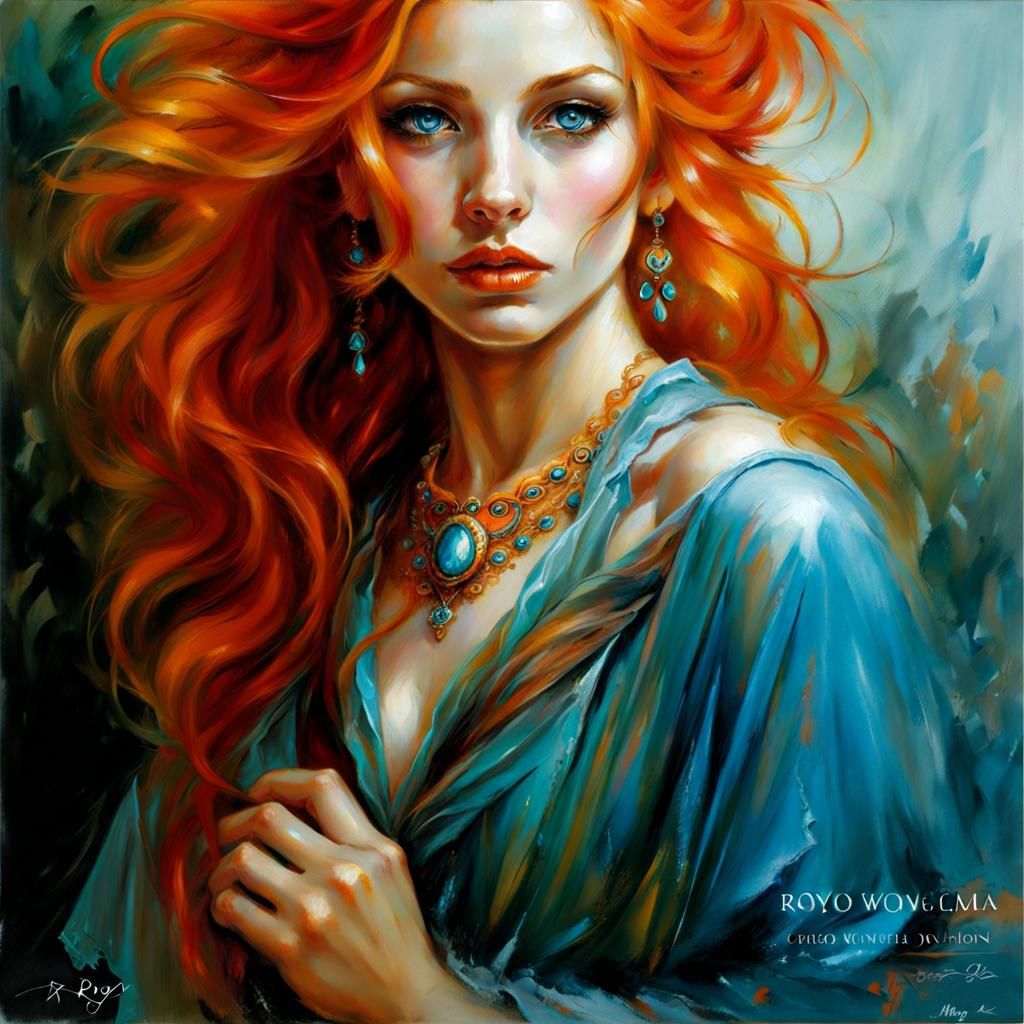 Woman orange hair flowing, blue eyes,