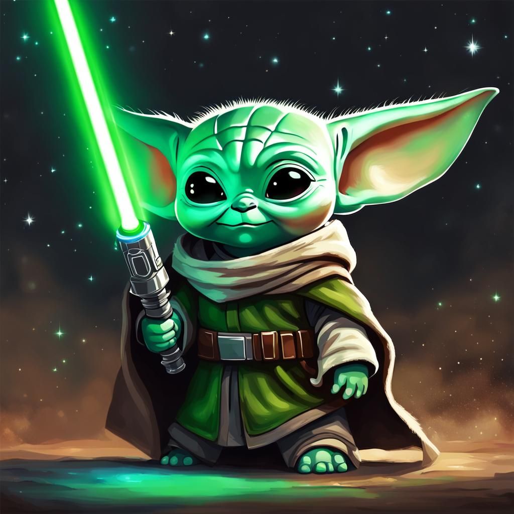 Grogu with Lightsaber: A Realistic Portrait