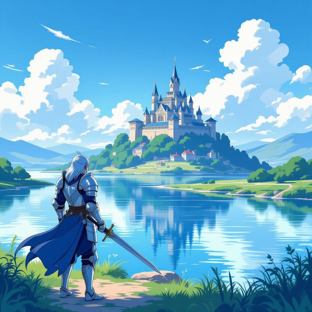 Lone Warrior by River Gazing at Distant Castle in Anime Styl...