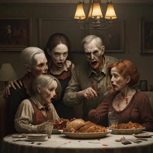 A zombie family Thanksgiving a la the Norman Rockwell Thanksgiving style.