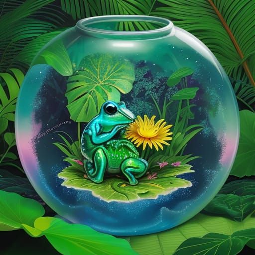 Vibrant, Iridescent Frog on Tropical Leaf in Bold, Digital A...