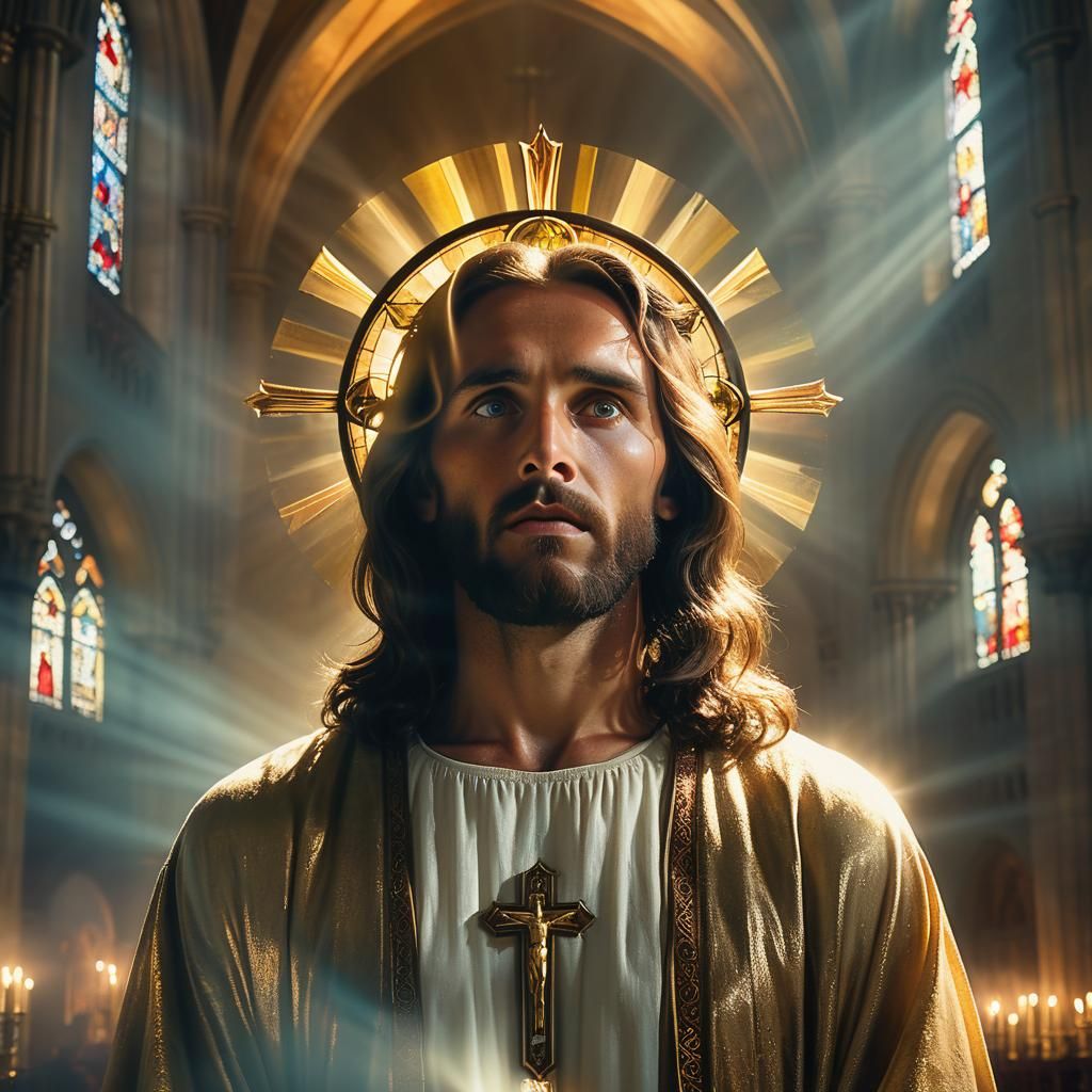 Jesus Christ in Cathedral: Surrealist Dreamlike Portrait