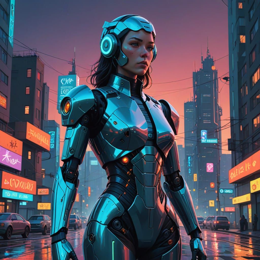 Futuristic Female Robot in Neon-Lit Cityscape