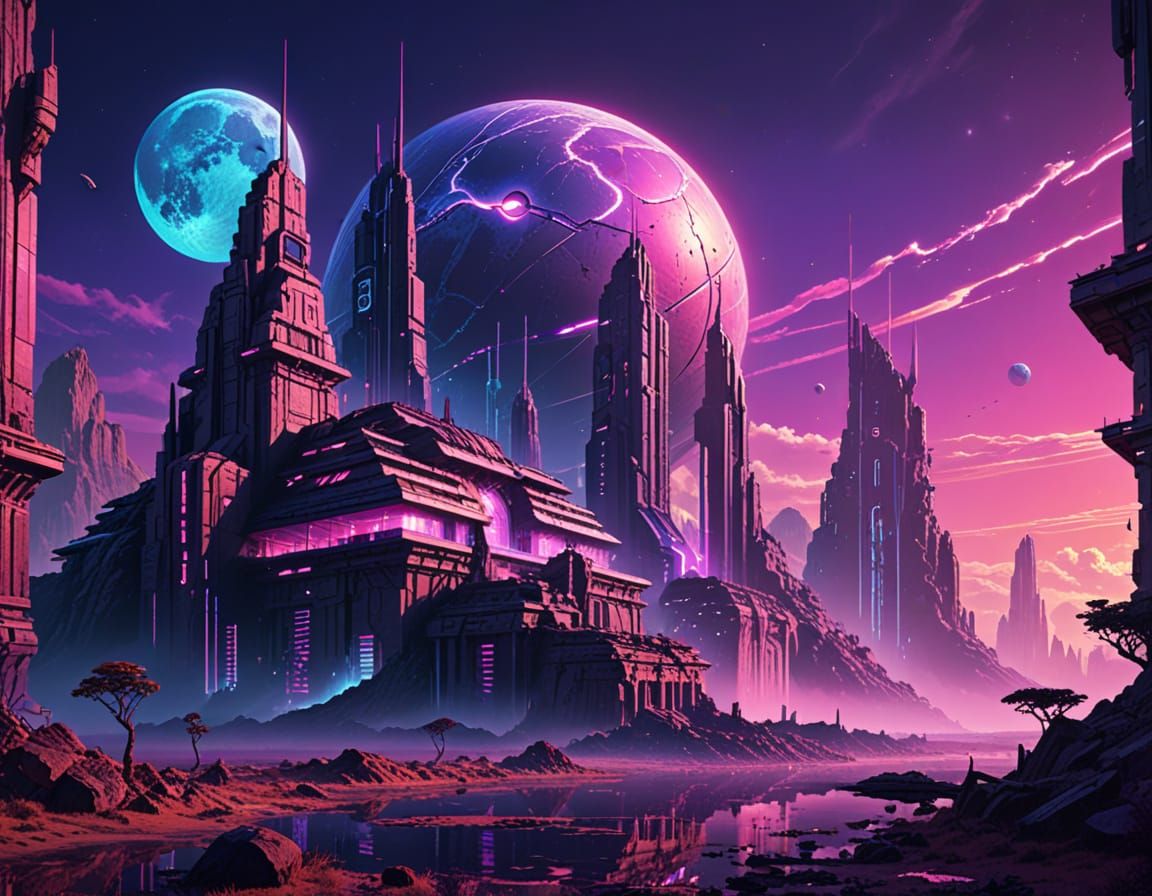 Vaporwave Cityscape on Ancient Martian Ruins