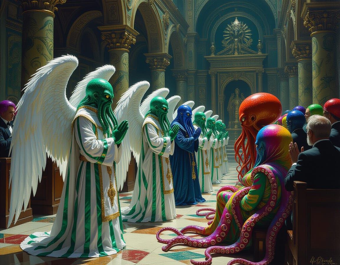 Cthulhu Priests Praying in Temple: Hyperrealistic Oil Painti...