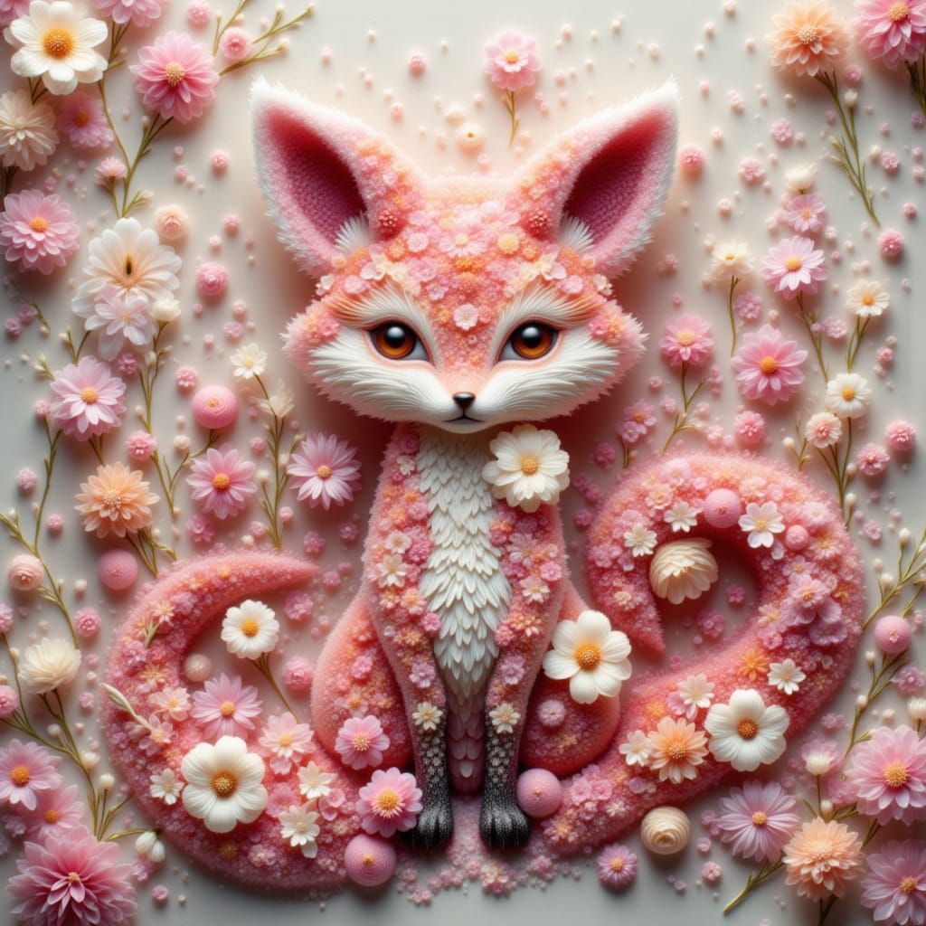 Floral Kitsune in Whimsical Digital Art Style
