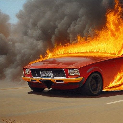 Burning Race Cars in Oil Painting Style