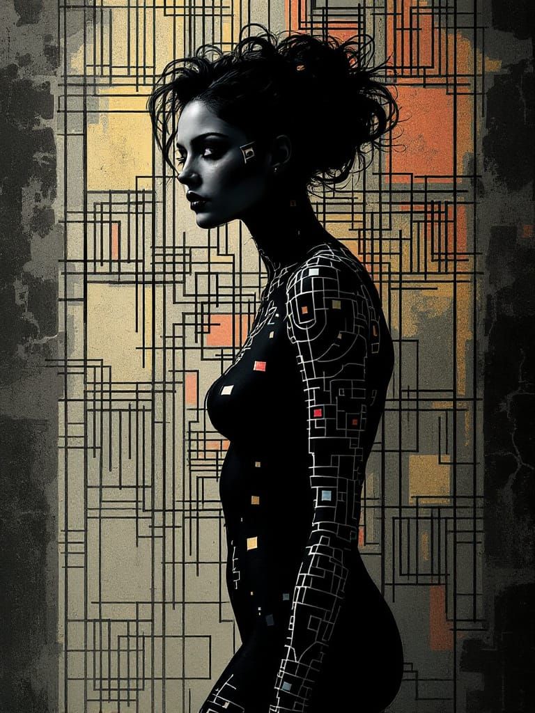 Woman Merges With Geometric Wall Art in Gothic Style