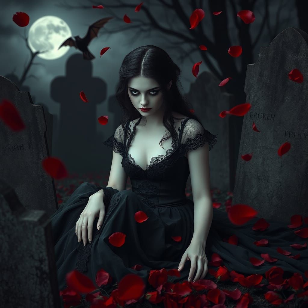 Gothic Girl in Moonlit Tombstones