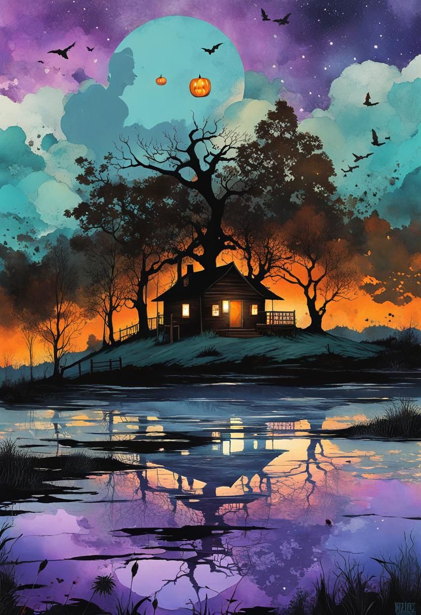 Whimsical Cabin with Surreal Sky, Alcohol-Ink Art